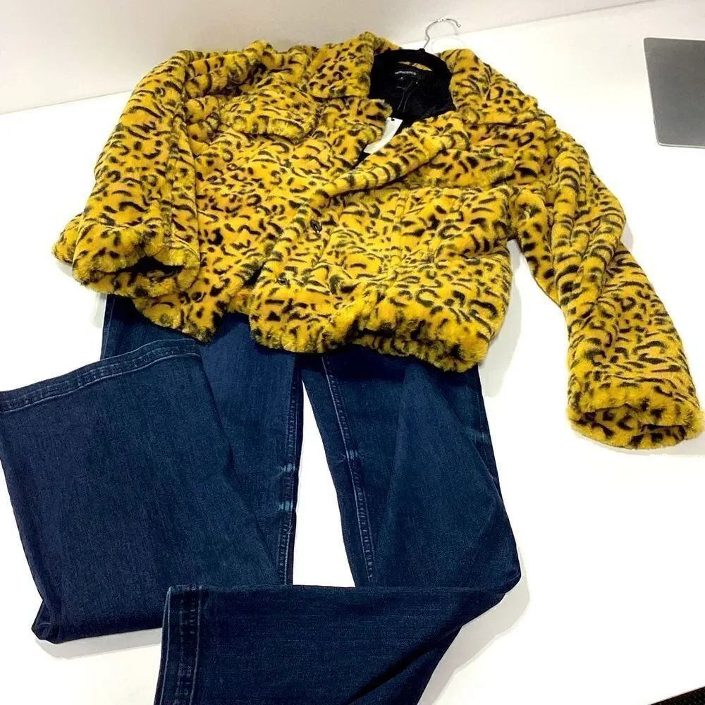 Olivaceous Faux Fur Yellow Animal Print Cropped Jacket S NWT